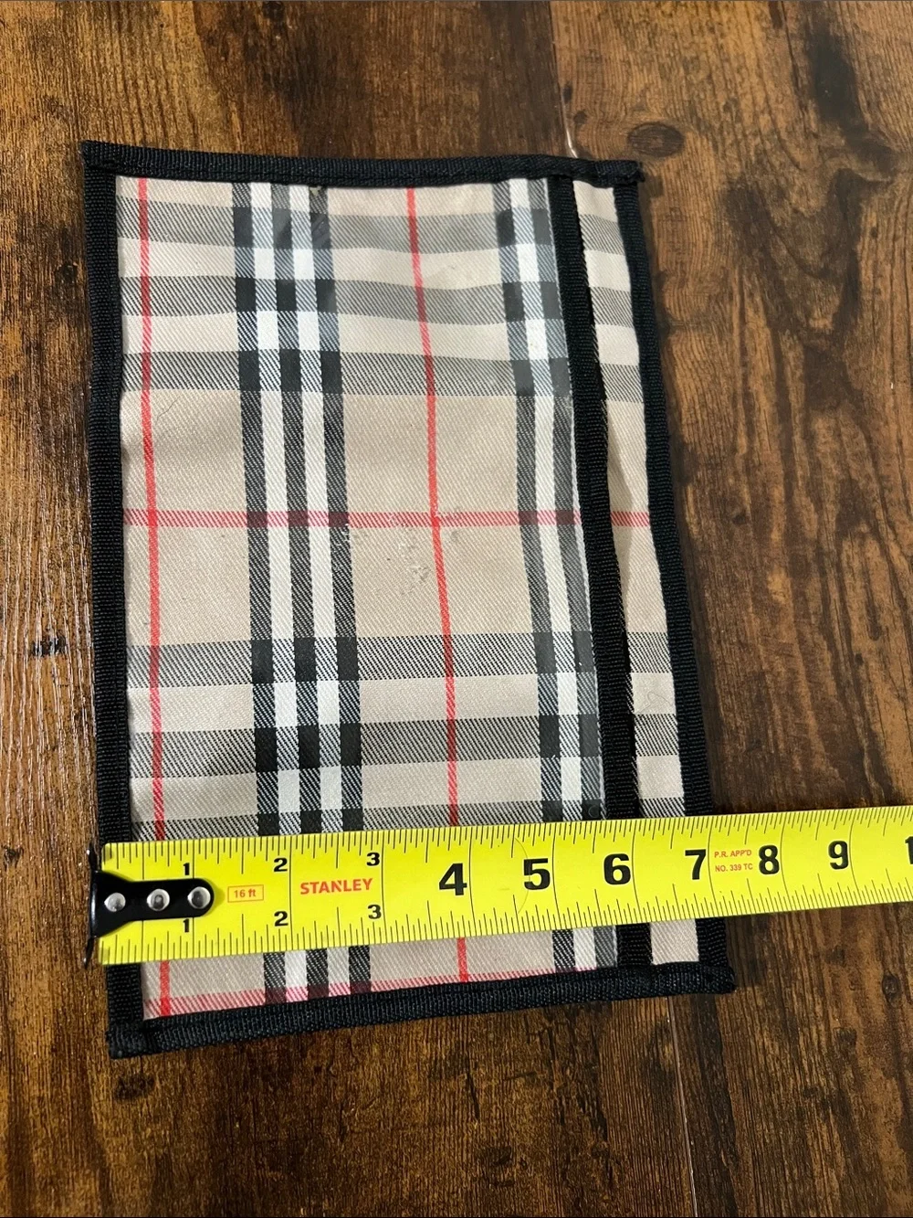 Beige Plaid Trifold Wallet with Black Trim